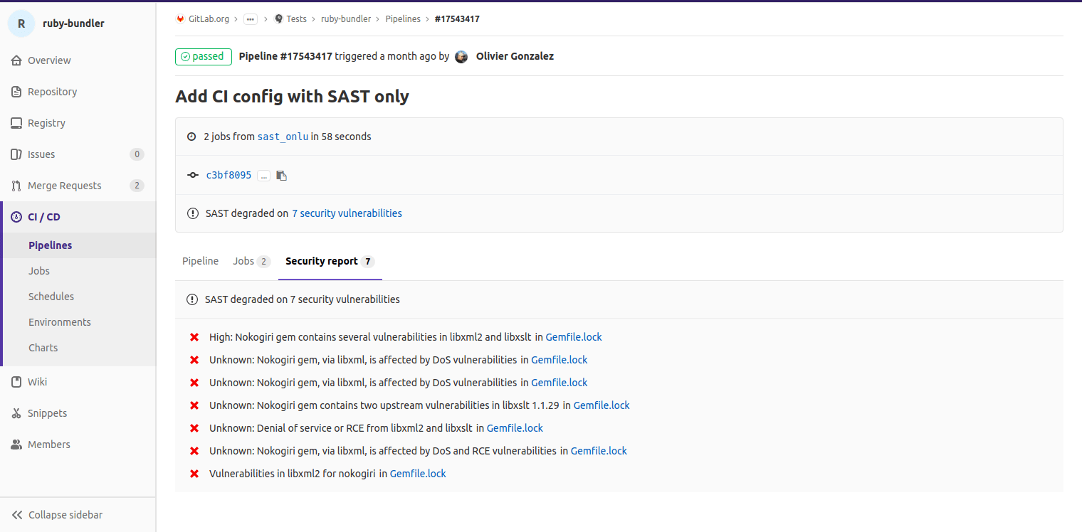 SAST security report on pipelines view