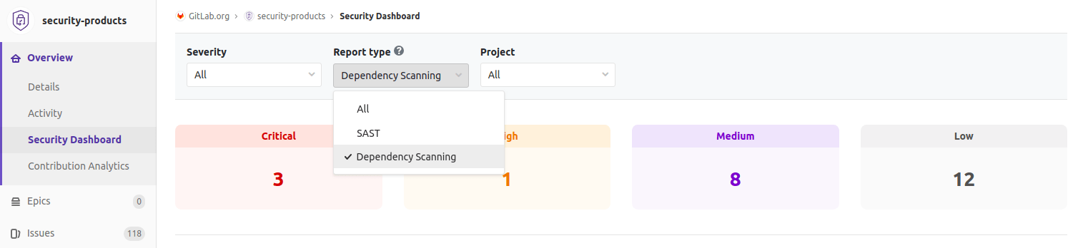 Filter vulnerabilities in the Group Security Dashboard