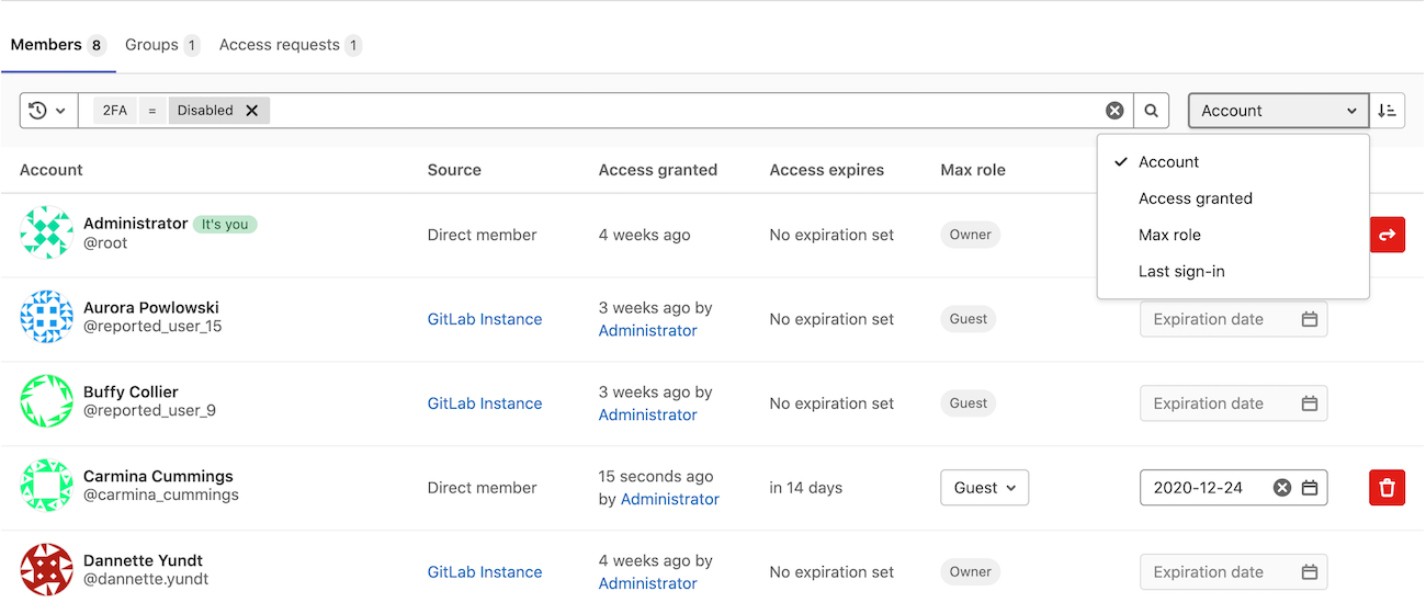 Improved group members list filtering and sorting