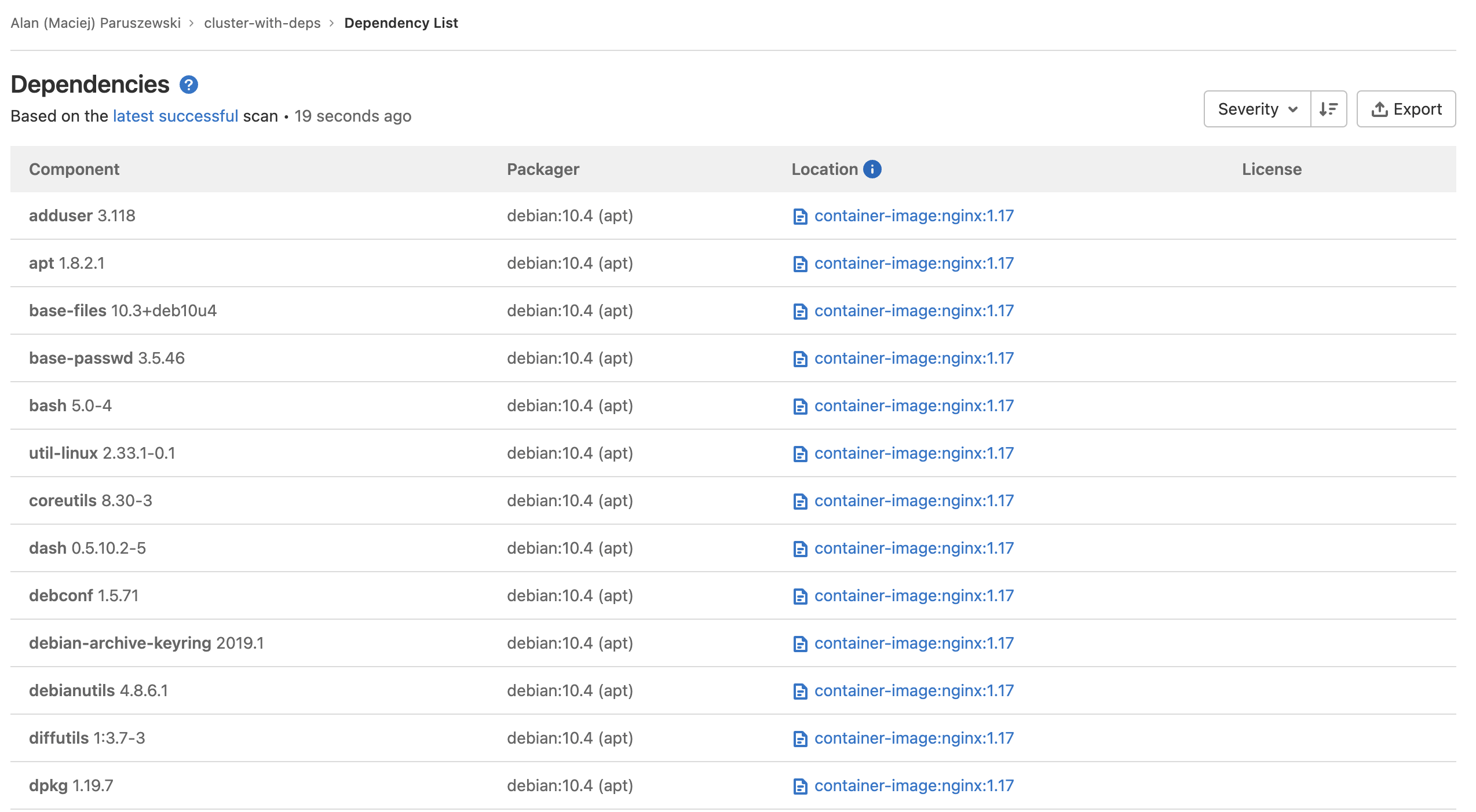 Container Scanning results in the Dependency List