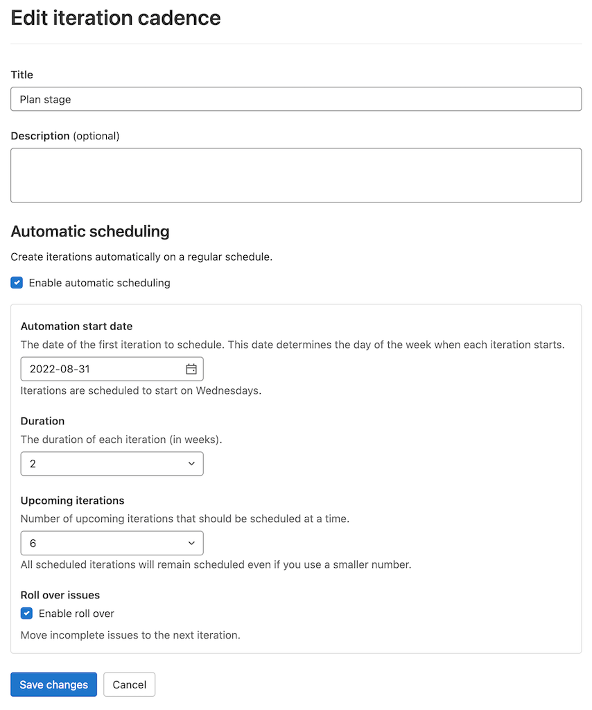 Manually create, name, and schedule iterations in a cadence