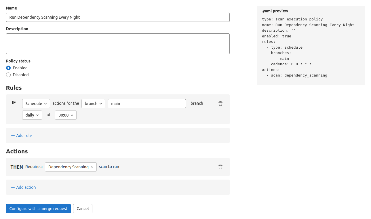 Scan execution policy support for dependency scanning