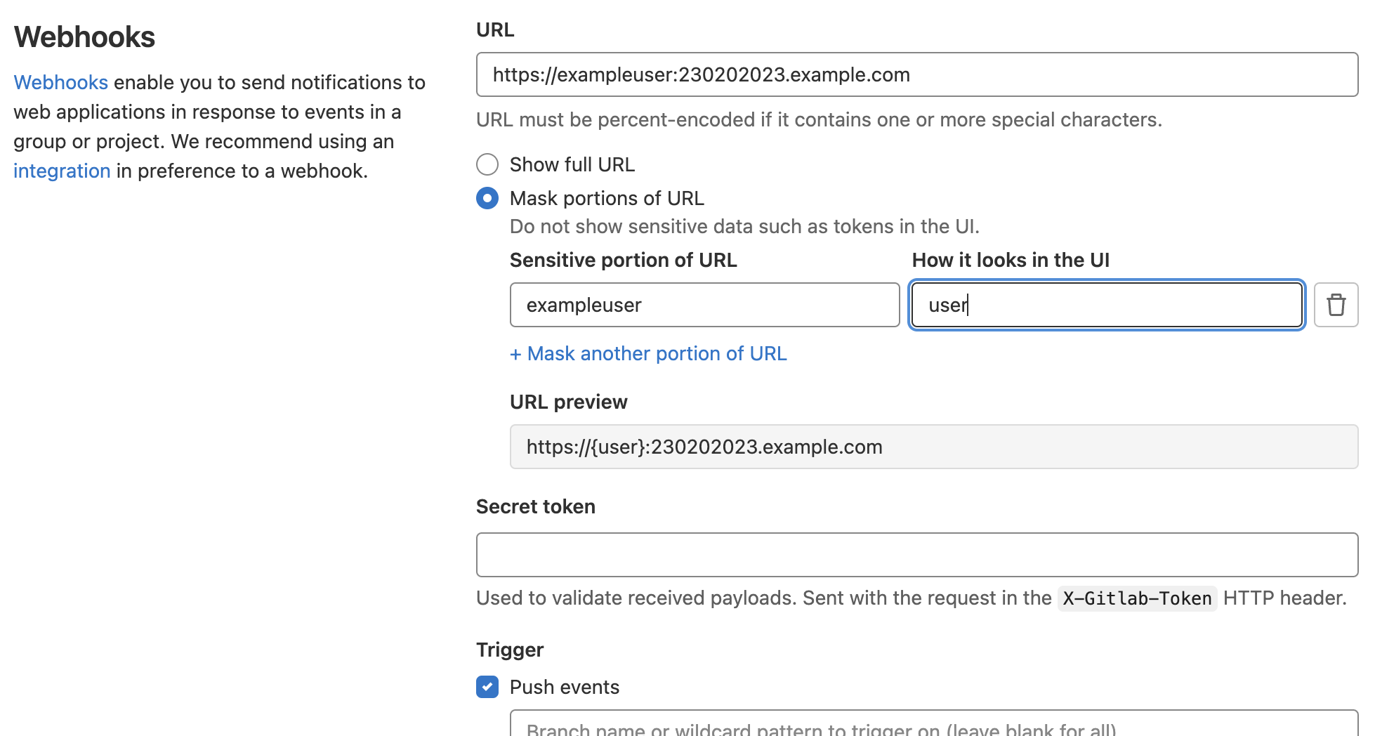 Mask sensitive portions of webhook URLs