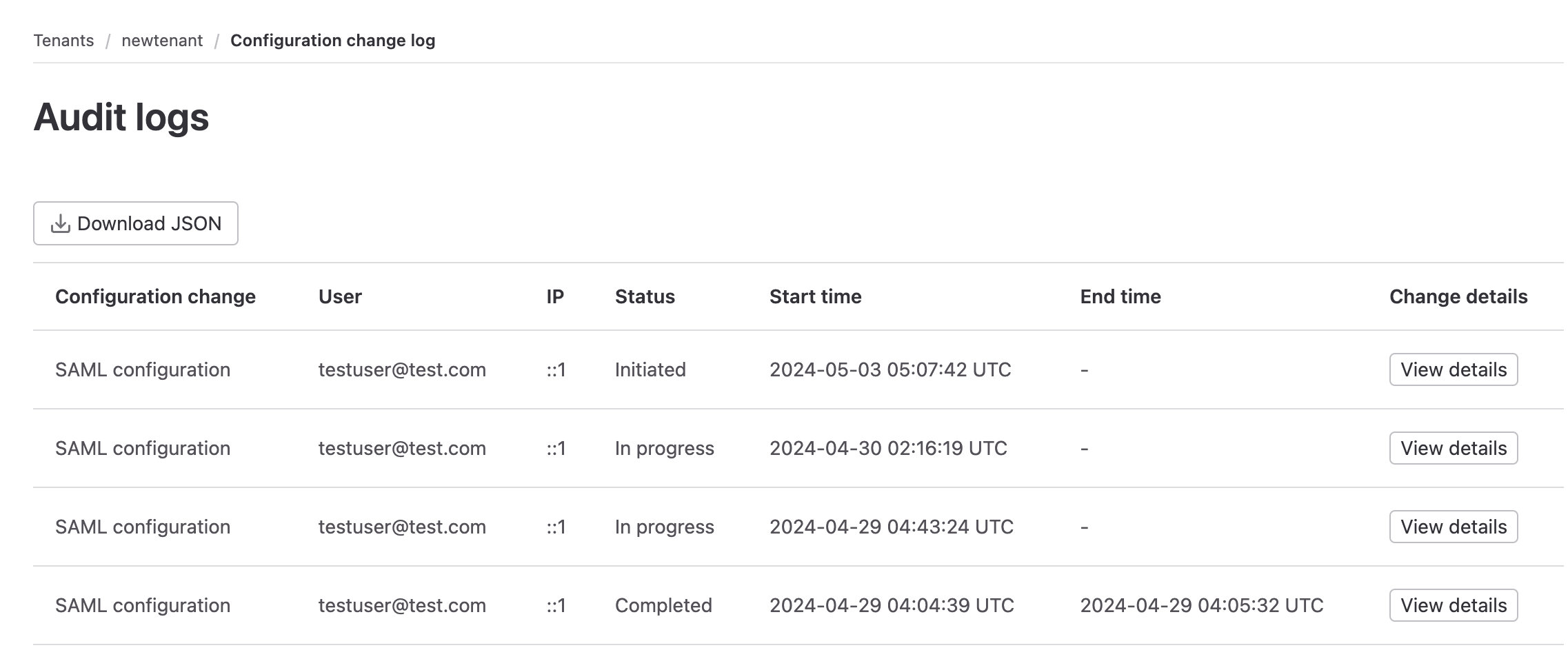 Change log for configuration changes made using Switchboard