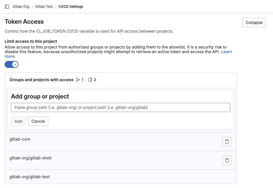 Add a group to the CI/CD job token allowlist