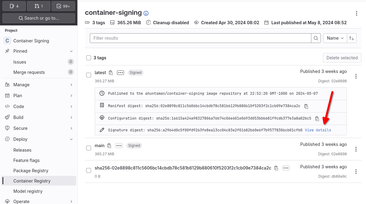 Container images linked to signatures