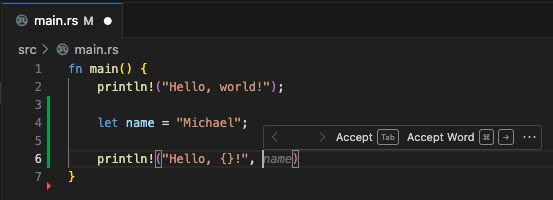 VS Code main.rs Rust code suggestion, second step in print